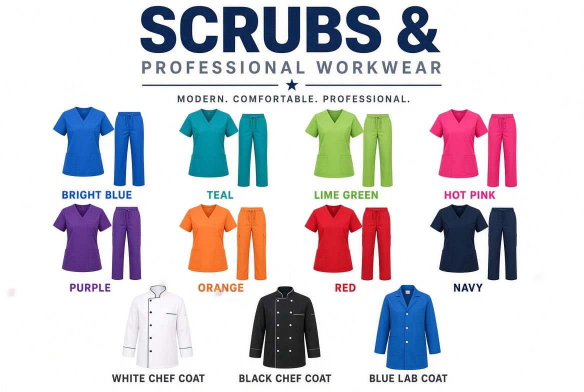 Scrubs and professional workwear in a range of colours, plus chef and lab coats