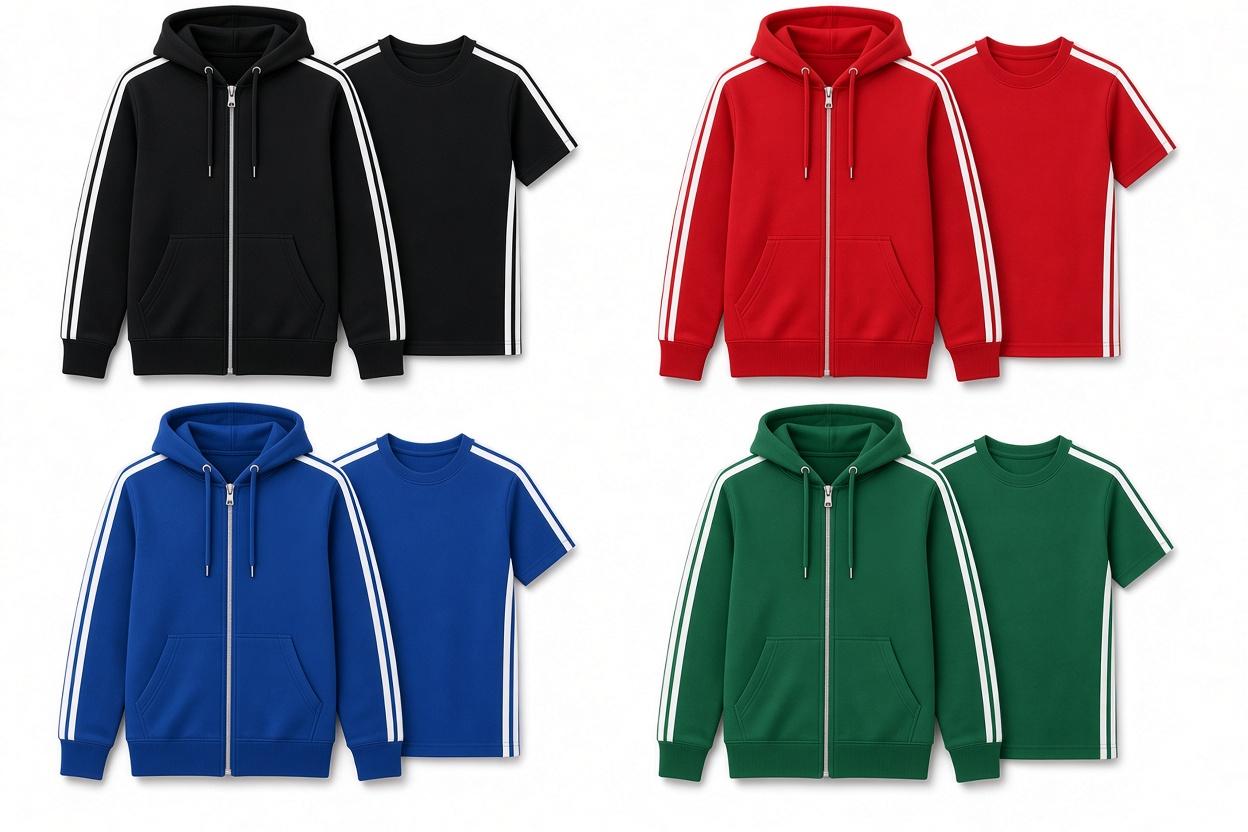 Custom T-shirts and hoodies in black, red, blue and green