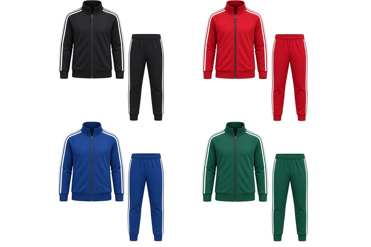 Custom tracksuits in black, red, blue and green