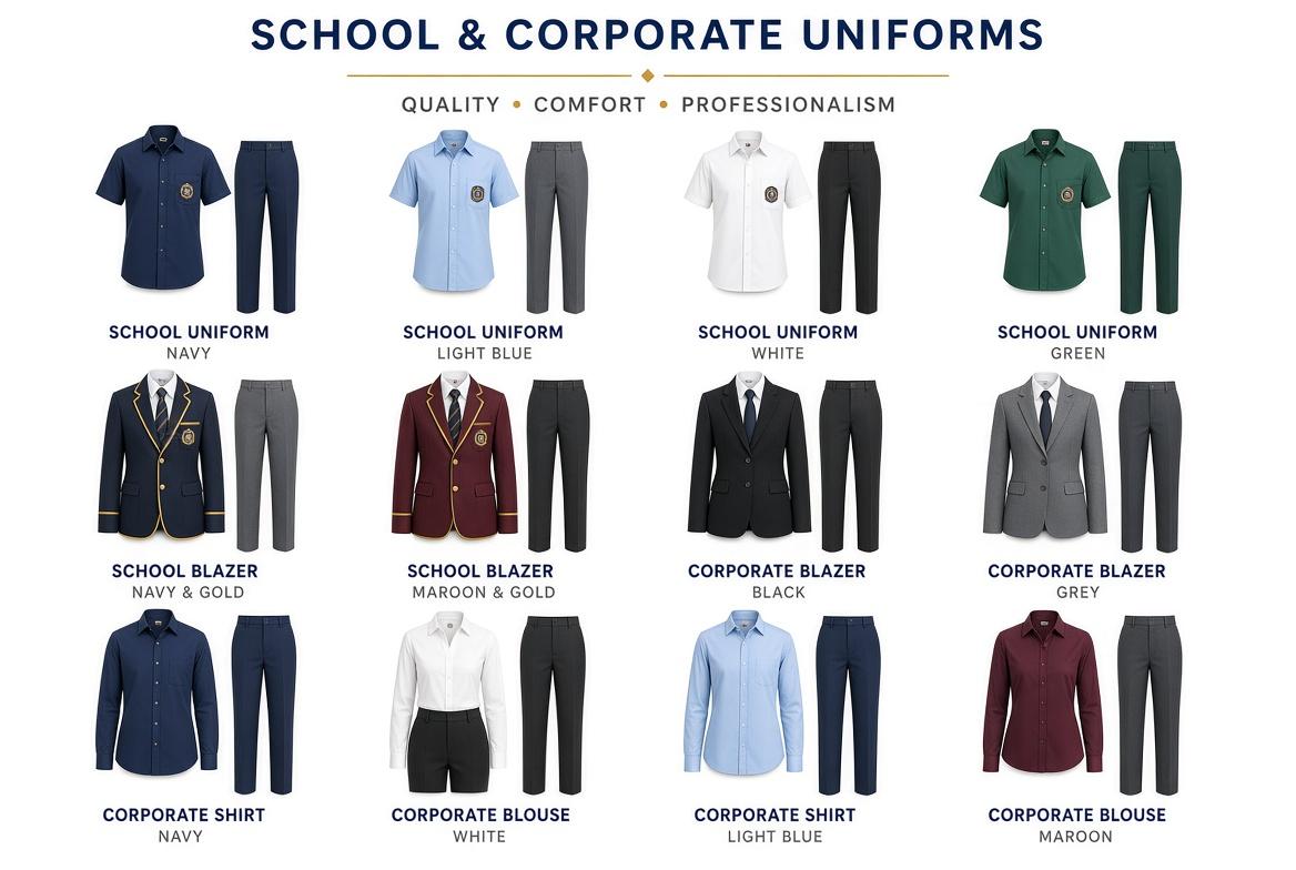 School and corporate uniforms — shirts, blazers, trousers and blouses